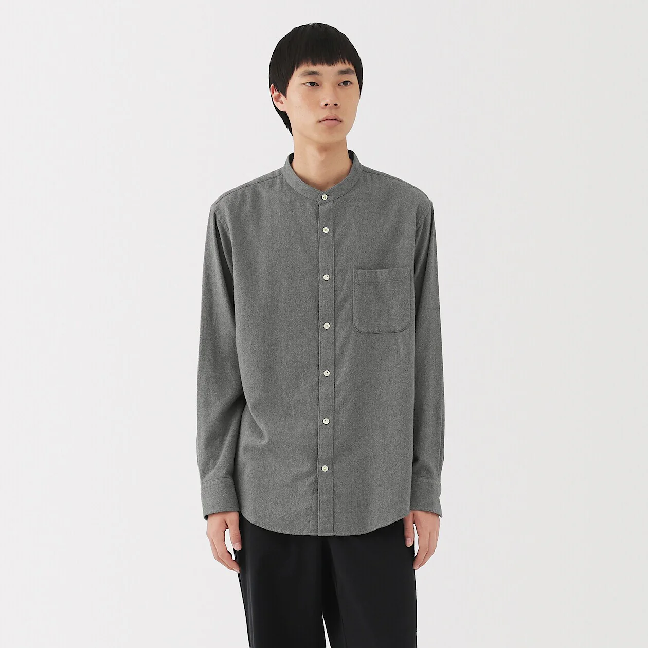 Double Brushed Flannel Stand Collar Long Sleeve Shirt - Image 15