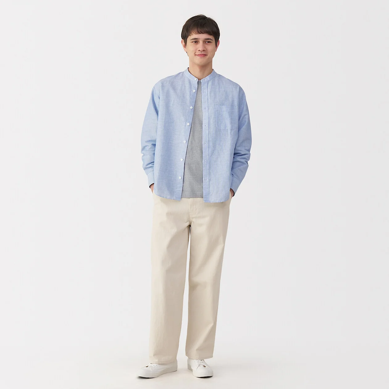 Hemp Cotton Stand Collar Long Sleeve Shirt - Image 42