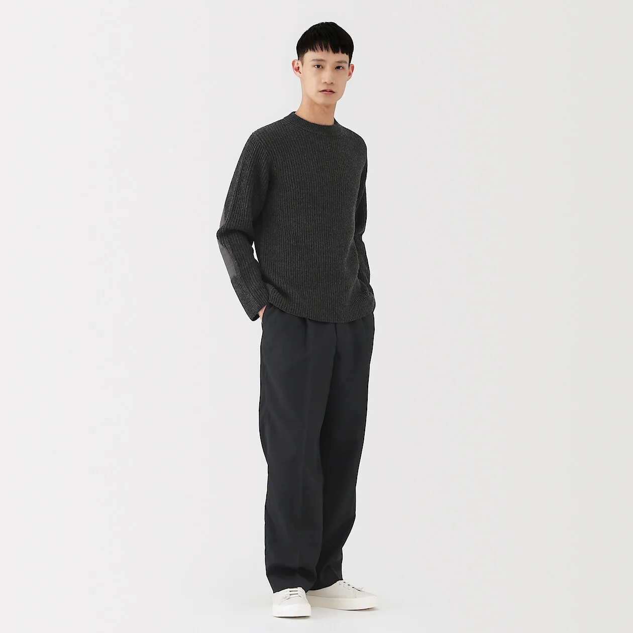 Merino Wool Ribbed Elbow Patch Crewneck Sweater - Image 3