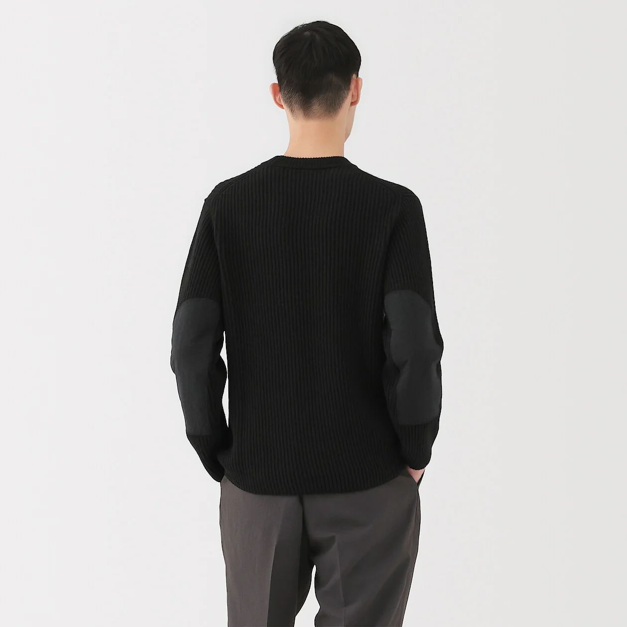 Merino Wool Ribbed Elbow Patch Crewneck Sweater - Image 4