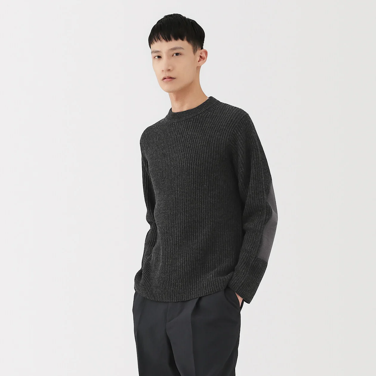 Merino Wool Ribbed Elbow Patch Crewneck Sweater - Image 7