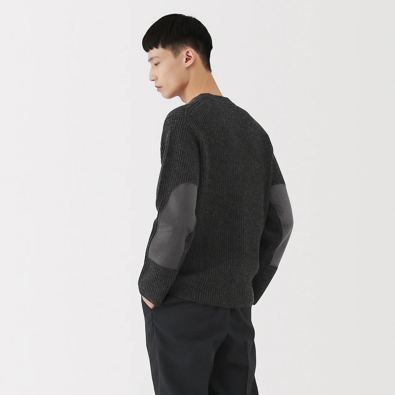 Merino Wool Ribbed Elbow Patch Crewneck Sweater - Image 8