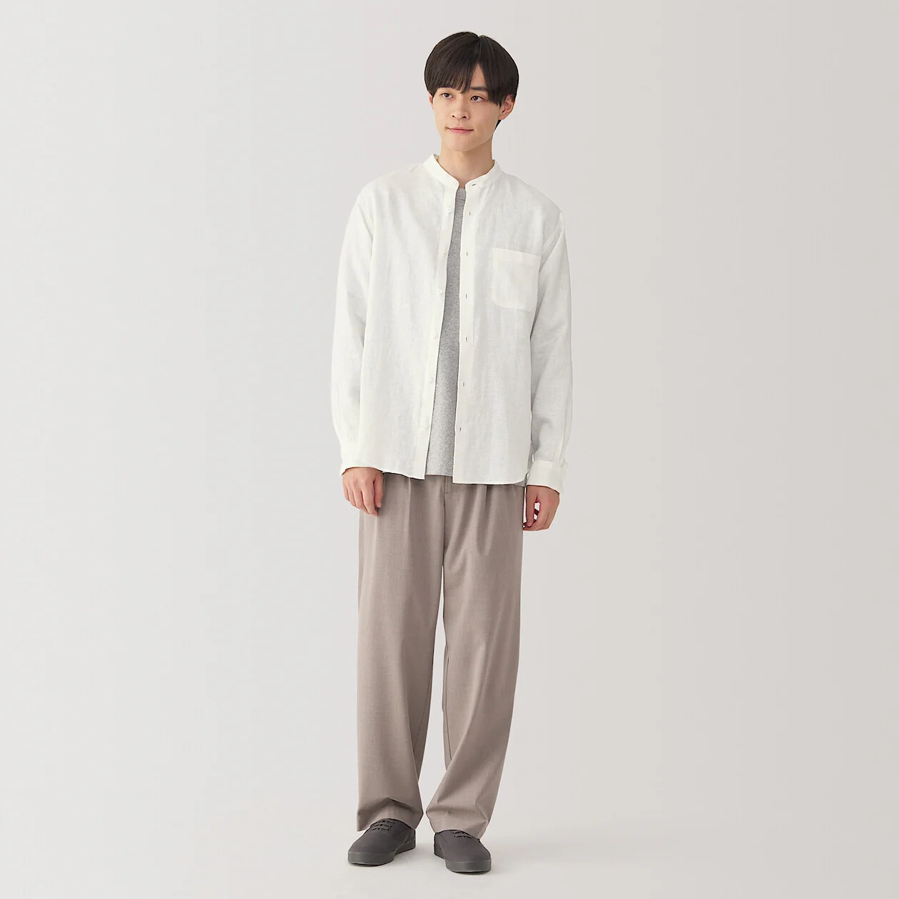 Washed Linen Stand Collar Long Sleeve Shirt - Image 2