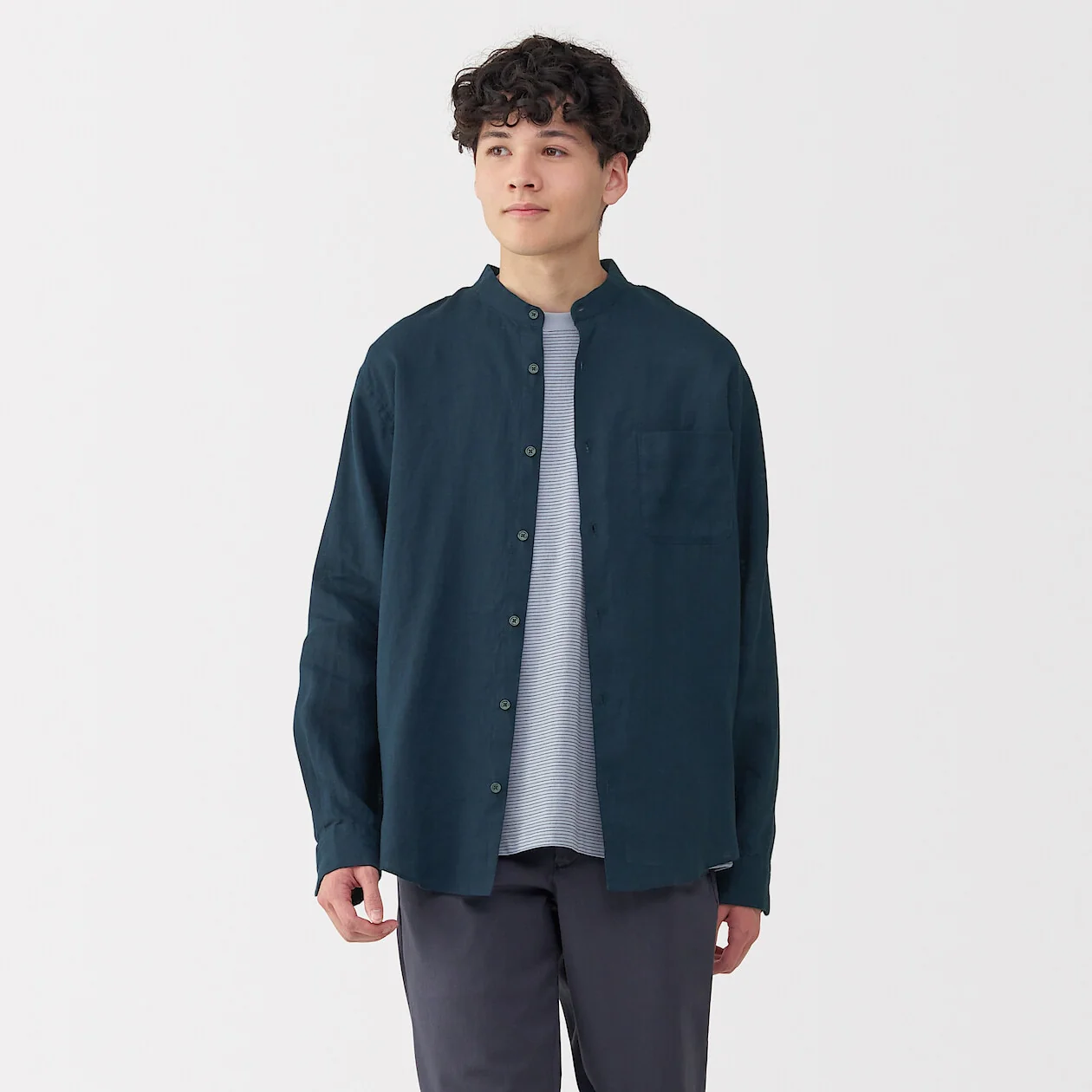 Washed Linen Stand Collar Long Sleeve Shirt - Image 33