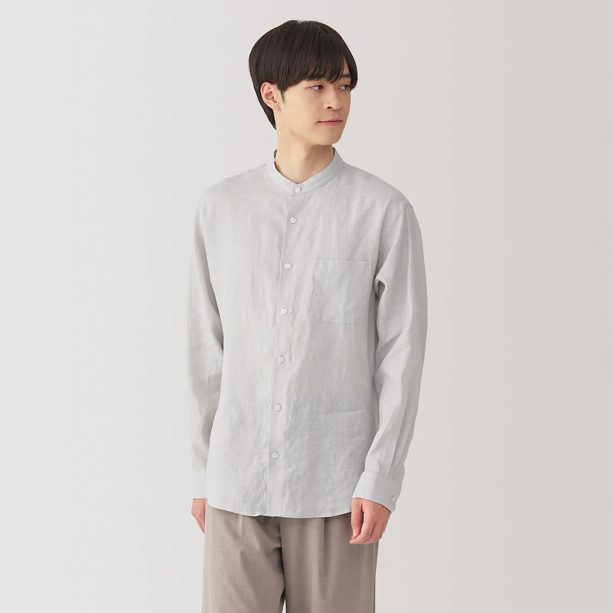 Washed Linen Stand Collar Long Sleeve Shirt - Image 9