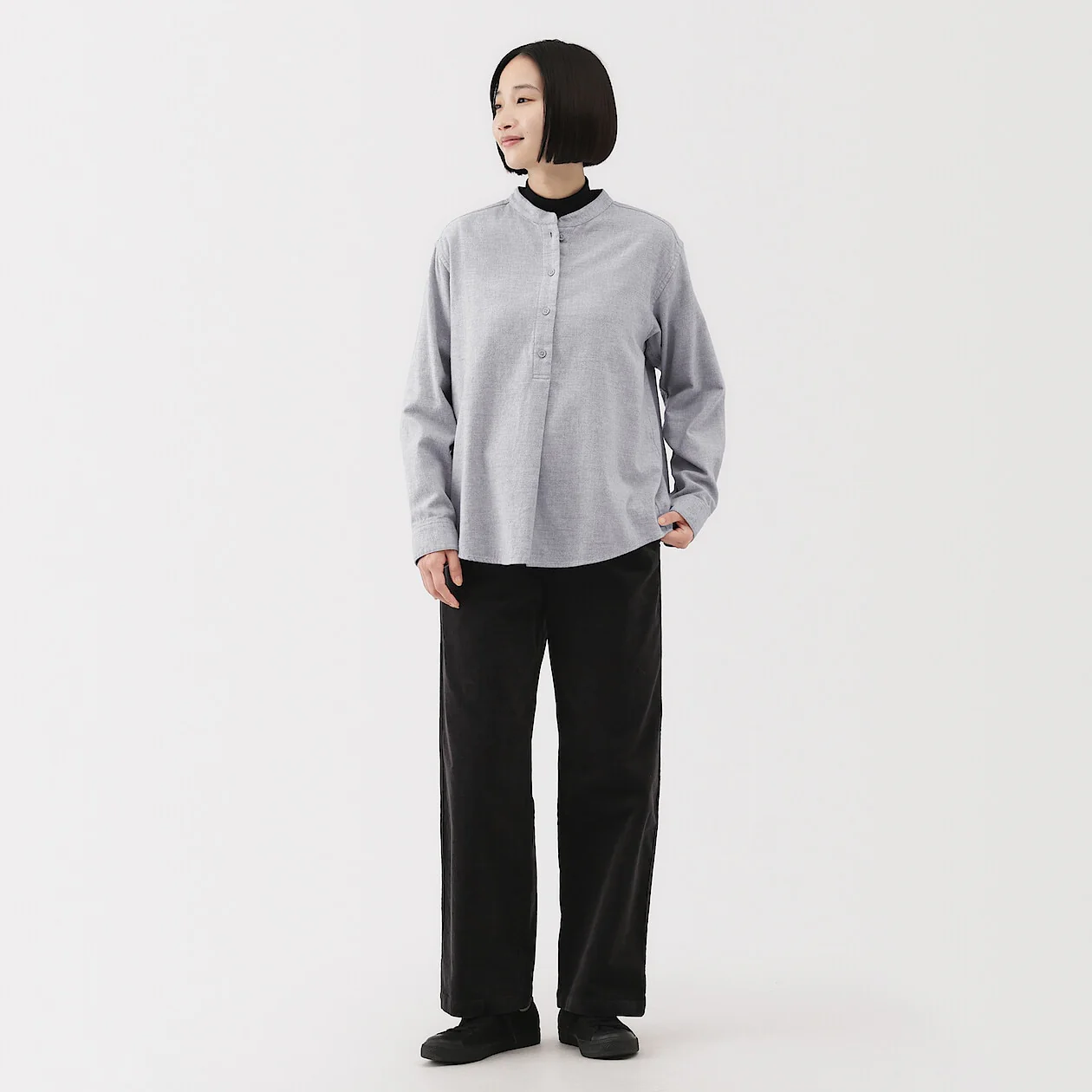 Double Brushed Flannel Stand Collar Long Sleeve Blouse - Image 6