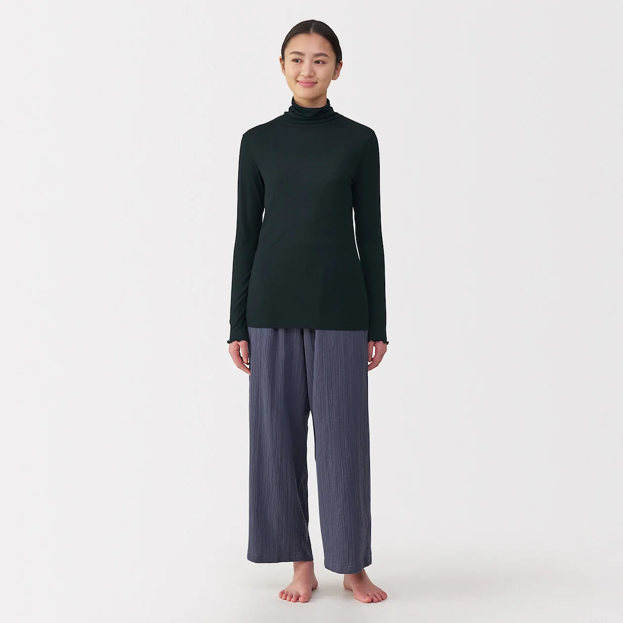 Silk Blend Sheer Turtleneck Long Sleeve T-Shirt - Image 2