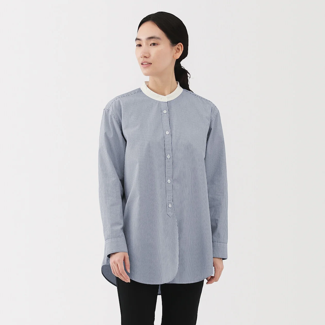 Washed Broadcloth Stand Collar Long Sleeve Shirt