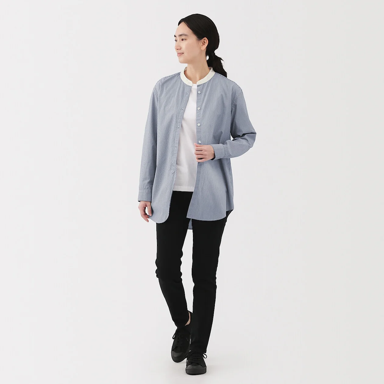 Washed Broadcloth Stand Collar Long Sleeve Shirt - Image 2
